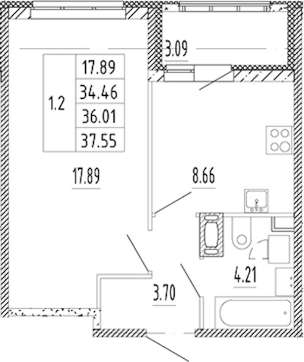 1-комнатная квартира 34.46 м², 12/12 эт., ЖК «Полис Приморский 2»